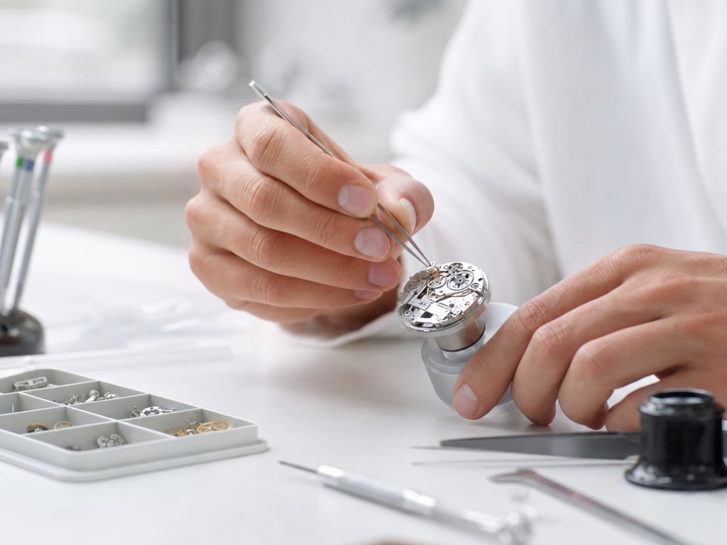 A watchmaker assembling a mechanical watch movement at a clean workbench