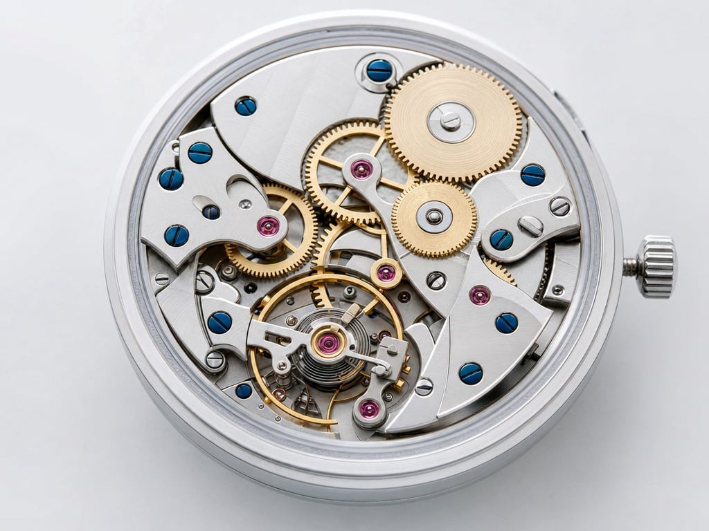 Macro close-up of a mechanical watch movement showing gears, ruby jewels and the balance wheel