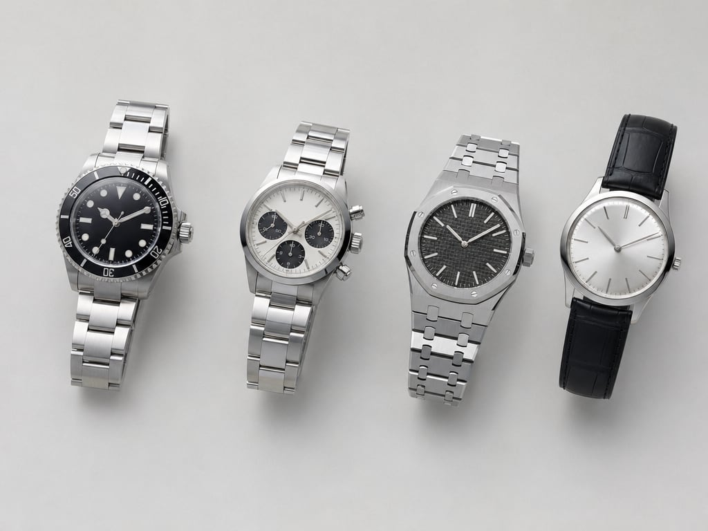 A flat-lay of luxury automatic super clone watches arranged on a light surface